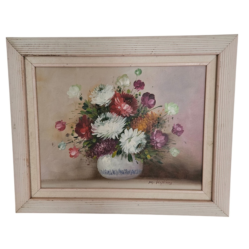 M. Hopkins Original Floral Still Life Oil Painting Framed Canvas Flowers Vintage
